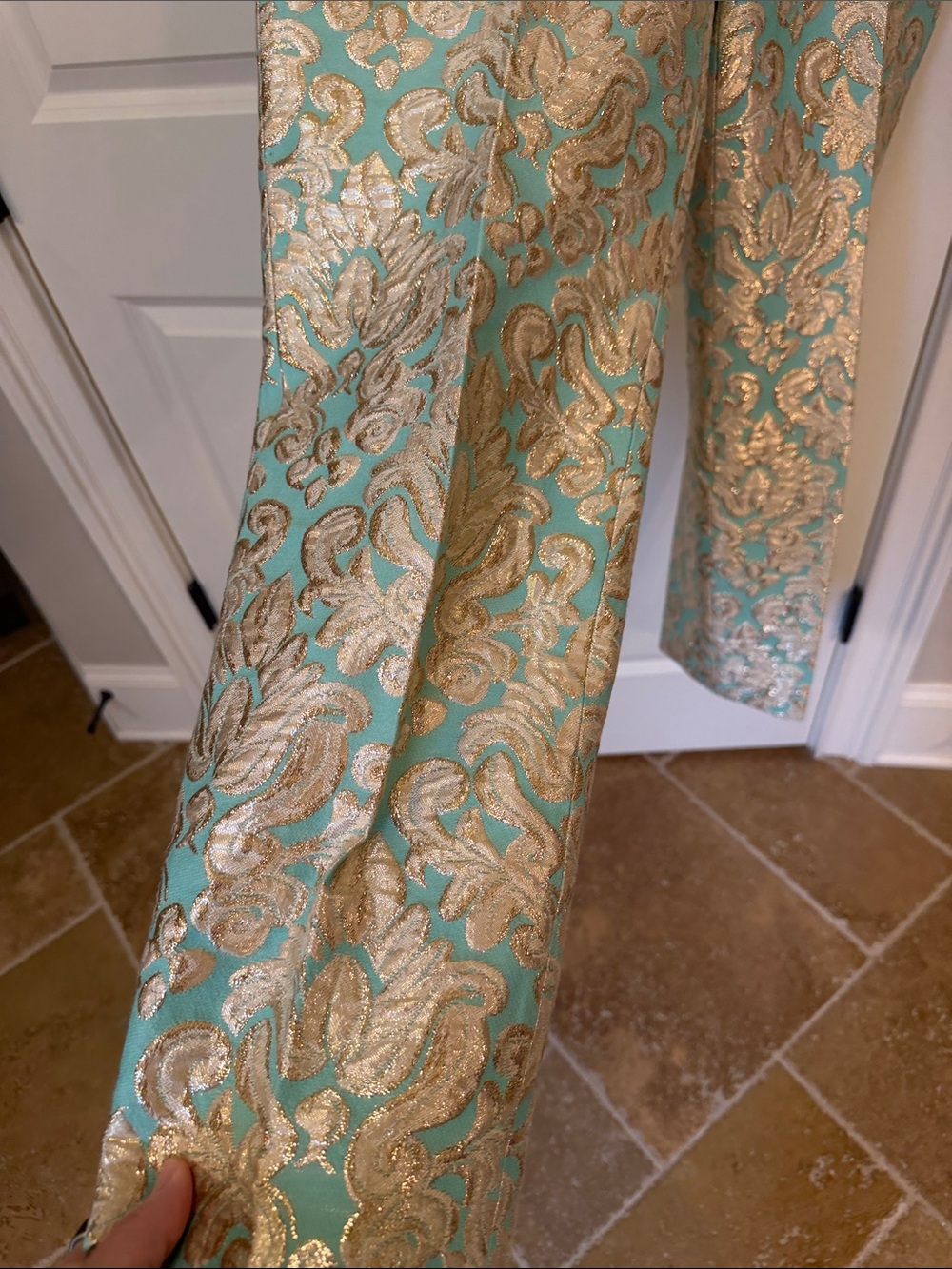 J Crew Collection lined 12 Aqua and Gold Brocade Dress Pants cropped - Picture 4 of 8